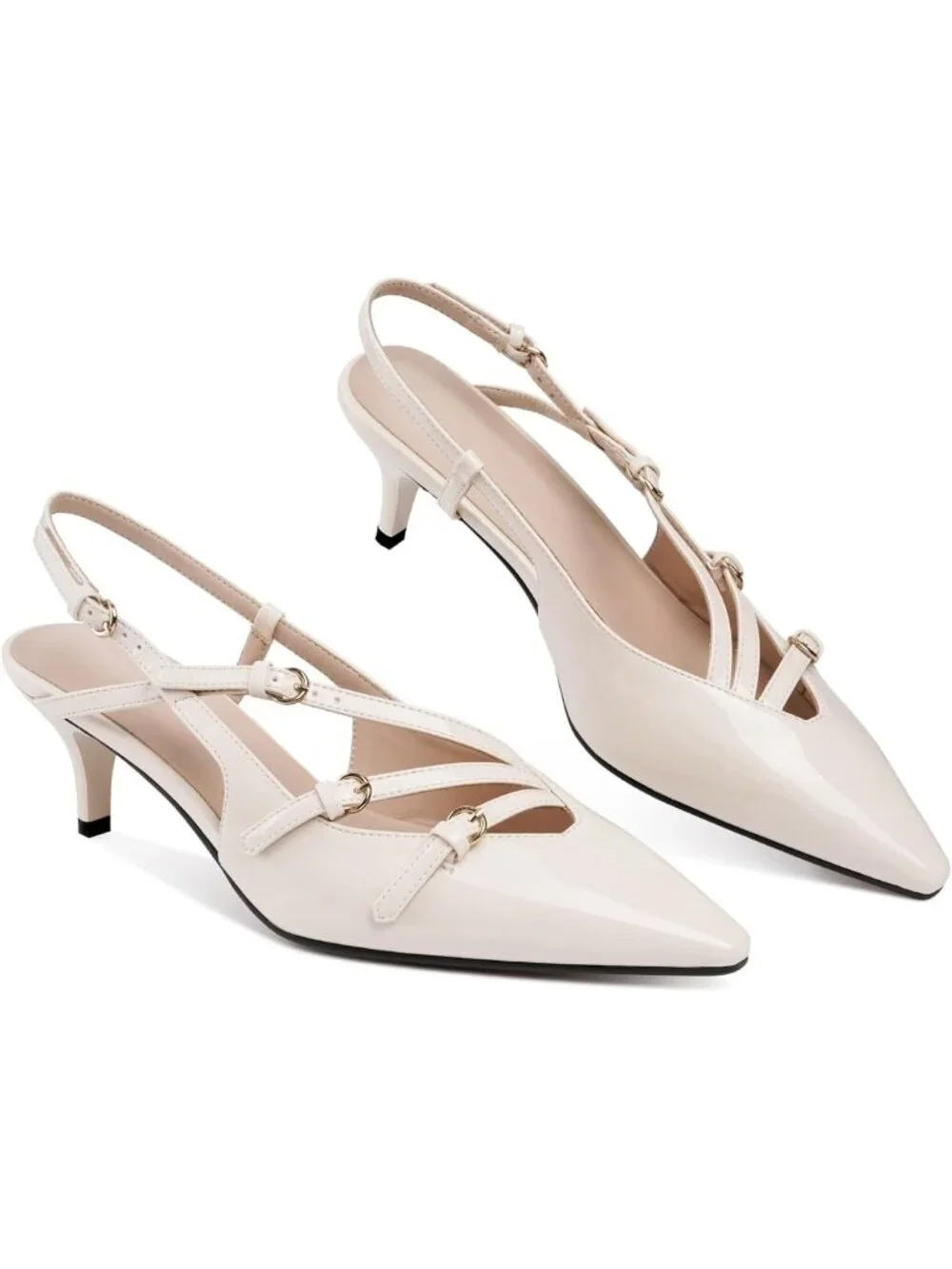 Women's Beige Slingback Kitten Pointed Toe Pump Low Stiletto Heels Shoes